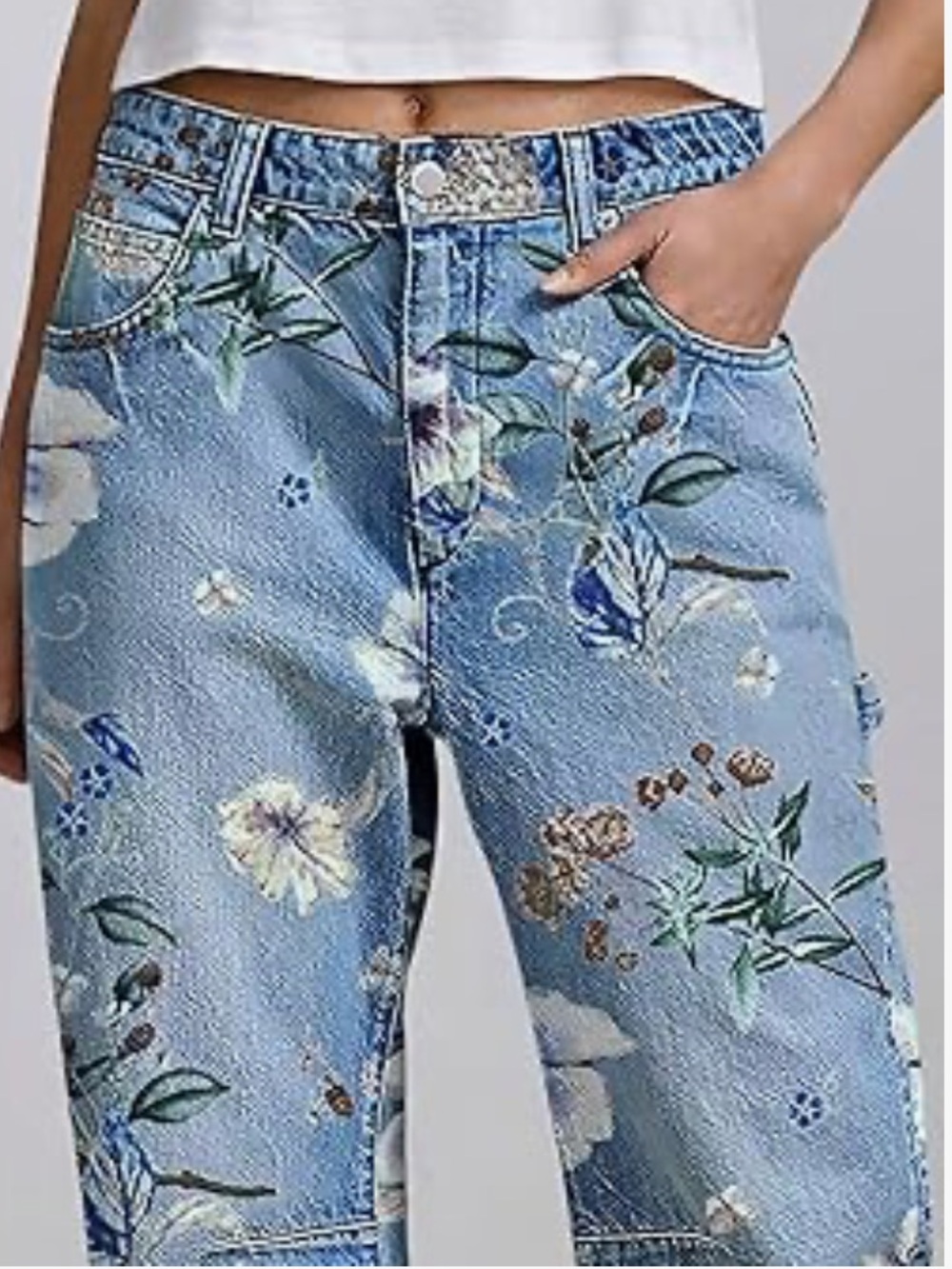 Flamingals Flap Pocket Floral High Waist Barrel Leg Carpenter Jeans - Picture 2 of 8